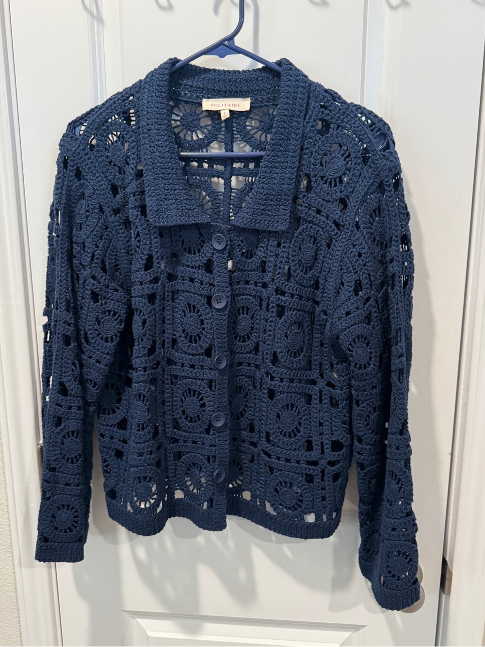 Solitaire Navy Crochet Button-Front Cardigan